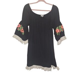 Umgee Black Embroidered Flower Fringe Womens Size 1X Off The Shoulder Mini Dress